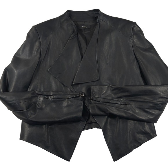 Theory 100% Sheep Leather Jacket Draped Open Front Zip Sleeve Moto Blazer Chic - Picture 1 of 8